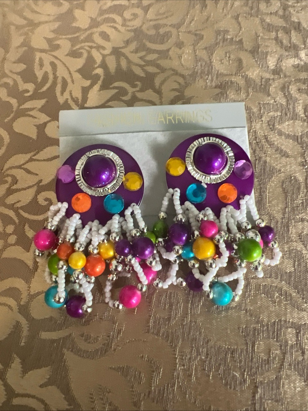 Vintage Ladies Multicolored Beaded Earrings Clip On Fashion Bold Purple